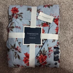 Charter Club Blue Pajama Set with Red Floral Pattern